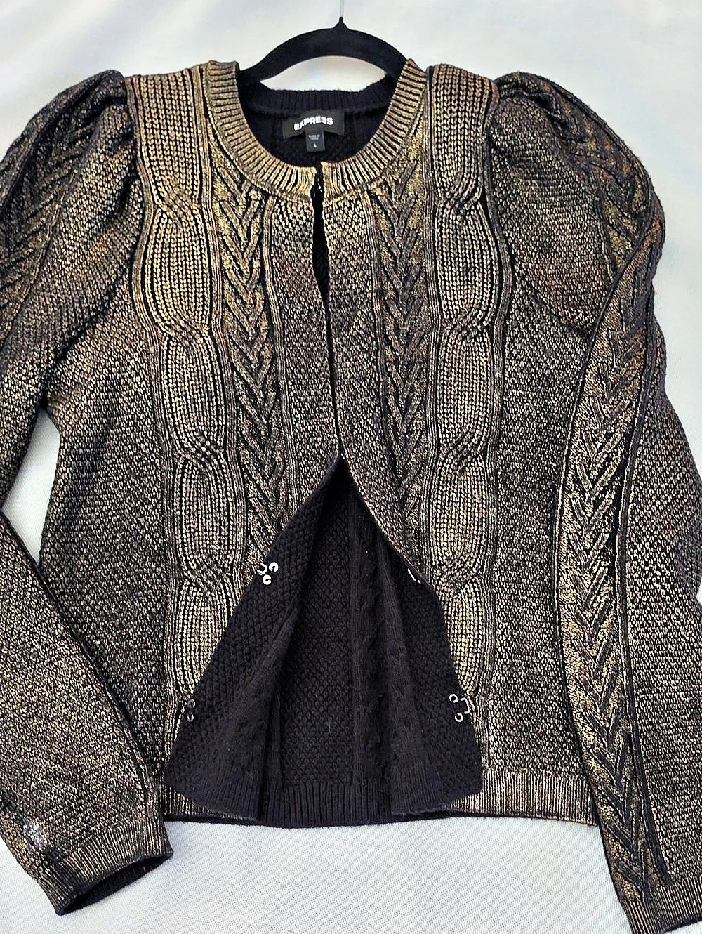 Express Gold Foil Cable Knit Sweater Jacket Cardigan Black & Gold Large